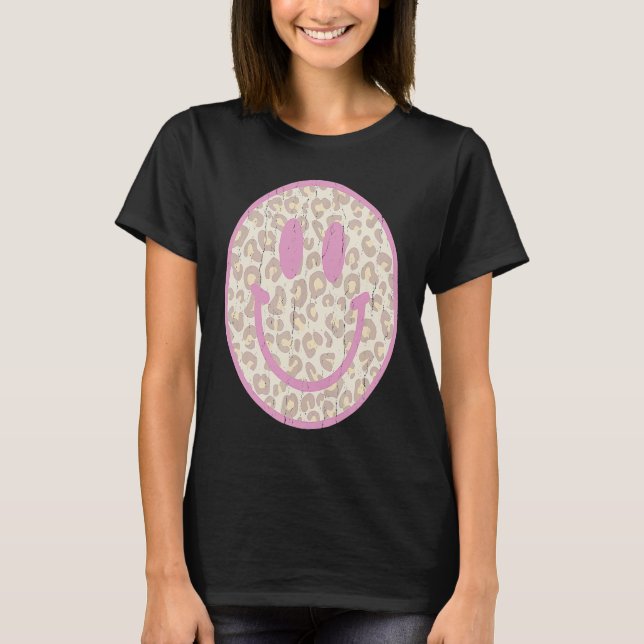 Retro 70s 80s Happy Face Pink Leopard Smile Face T-Shirt (Front)