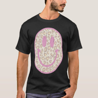 Retro 70s 80s Happy Face Pink Leopard Smile Face T-Shirt