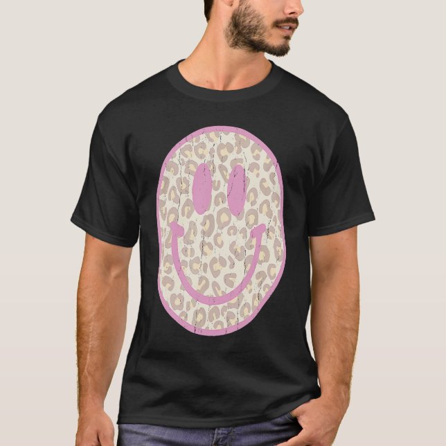Retro 70s 80s Happy Face Pink Leopard Smile Face T-Shirt (Front)