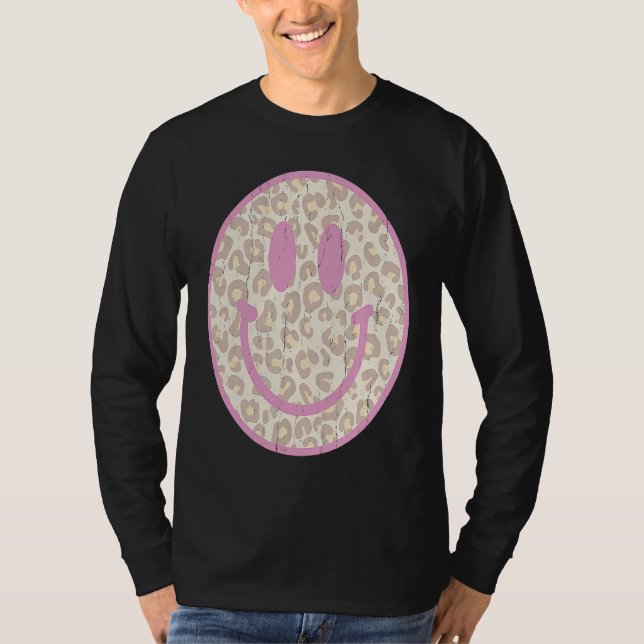 Retro 70s 80s Happy Face Pink Leopard Smile Face T-Shirt (Front)