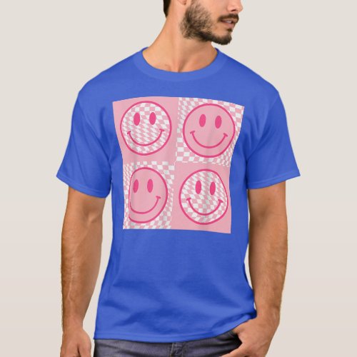 Retro 70s 80s Happy Face Pink Smile Face Checkered T_Shirt