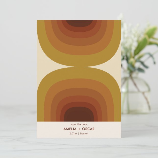 Retro 70s Abstract Arches Rust Terracotta Mustard Save The Date (Standing Front)