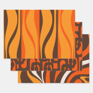 Retro 70s Abstract Patterns Vintage Brown Orange Wrapping Paper Sheets