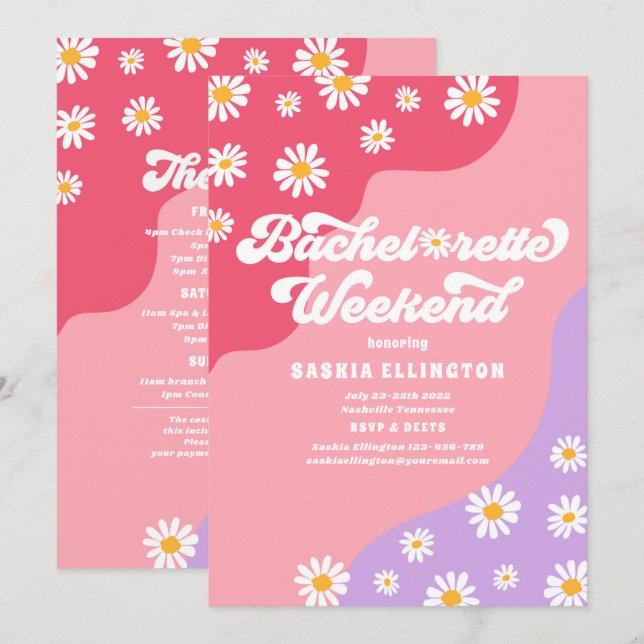 Retro 70s Bachelorette Weekend Itinerary Invitation (Front/Back)