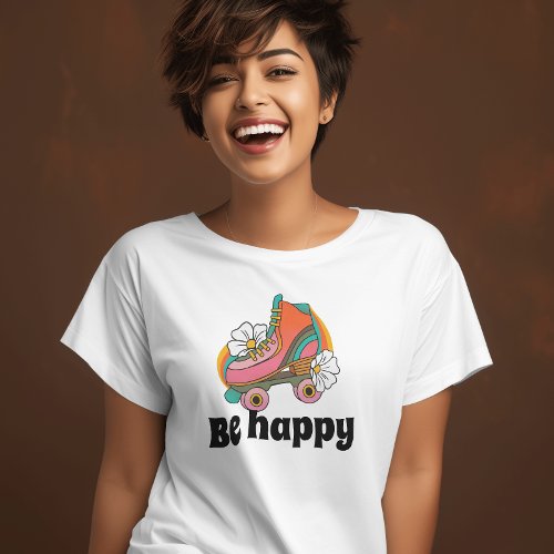 Retro 70s Be happy Floral skate T_Shirt