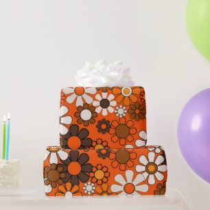 Retro 70s Birthday Boho Floral Brown Orange Wrapping Paper