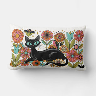 Retro 70s Black Cat Floral Boho Design Lumbar Pillow