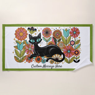 Retro 70s Black Cat Floral Personalized Design Beach Towel