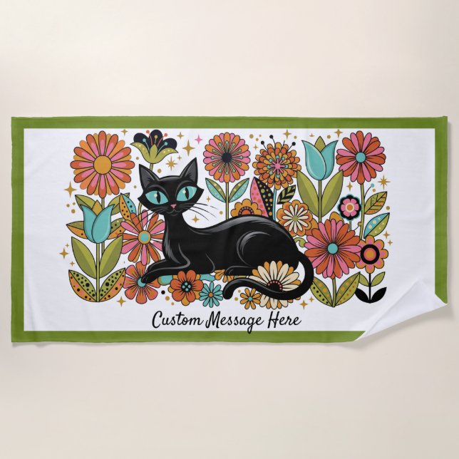 Retro 70s Black Cat Floral Personalized Design Beach Towel (Front)