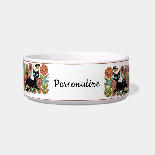 Retro 70s Black Cat Floral Personalized Design Bowl