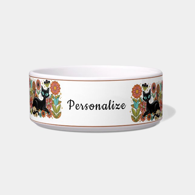 Retro 70s Black Cat Floral Personalized Design Bowl (Front)