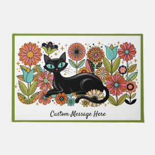 Retro 70s Black Cat Floral Personalized Design Doormat