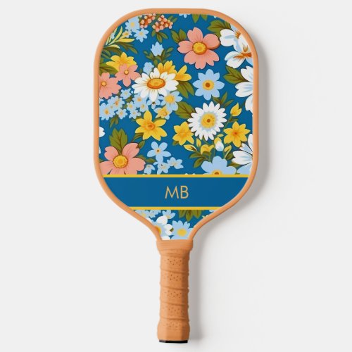 Retro 70s Blue Yellow Ditzy Floral Name  Pickleball Paddle