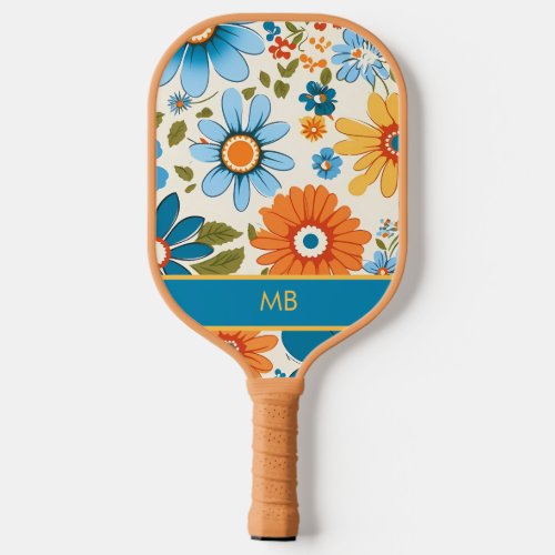 Retro 70s Blue Yellow Orange Ditzy Floral Name  Pickleball Paddle