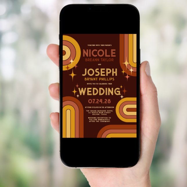 Retro 70's Bold Typography Rainbow Arch Wedding Invitation (Front Digital)