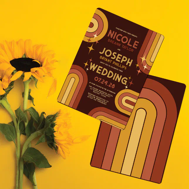 An invitation with a retro, 70s-style, abstract design, inspired by the Daisy Jones and The Six book. The card is placed on a bright yellow surface with sunflowers.