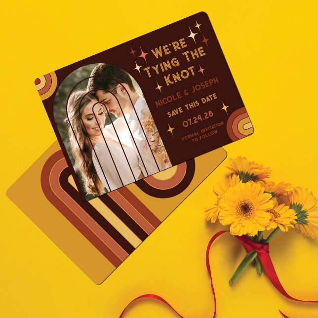 Retro 70's Bold Typography Rainbow Arch Wedding Save The Date (Creator Uploaded)