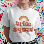 Retro 70s Bride Squad Bridesmaid Name Bachelorette T-Shirt<br><div class="desc">Celebrate your bachelorette with this super fun t-shirt,  featuring groovy typography,  daisy flowers,  custom date,  location & elegant calligraphy name. Easily add your own details by clicking on the "personalize" option.</div>