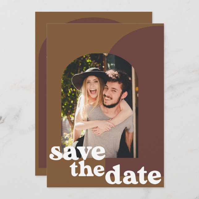 Retro 70s Brown Geometric Couple Photo Wedding Save The Date (Front/Back)