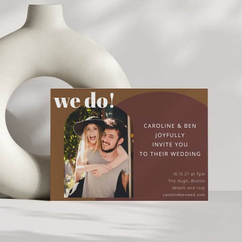 Retro 70s Brown Geometric Unique Photo Wedding Invitation