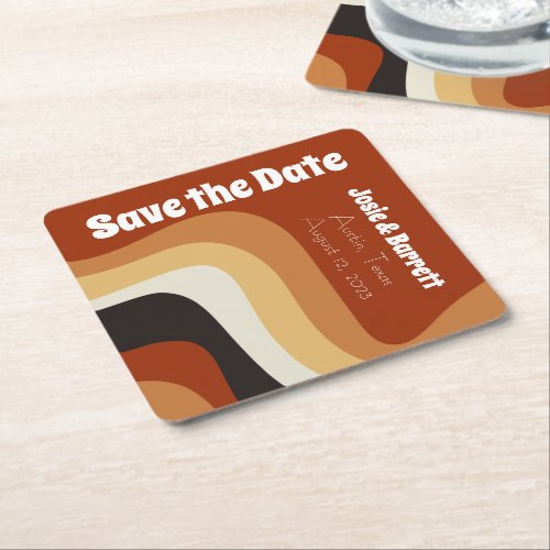 Retro 70s Burnt Orange Groovy Save the Date Square Paper Coaster