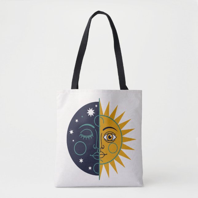 Retro 70s Celestial Sun Moon Split Face Art Print Tote Bag (Front)