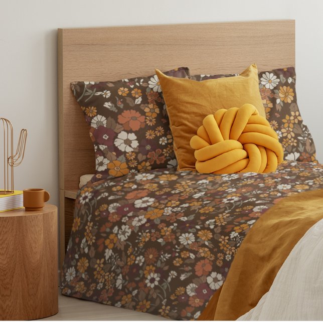 Retro 70s Chocolate Brown Wildflower Pattern Duvet Cover (Creator Uploaded)