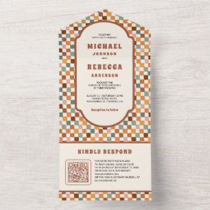 Retro 70's Colorful Checkerboard QR Code Wedding All In One Invitation