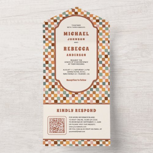 Retro 70's Colorful Checkerboard QR Code Wedding All In One Invitation