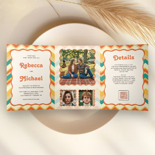 Retro 70's Colorful Chevron Photo QR Code Wedding Tri-Fold Invitation
