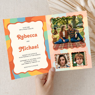 Retro 70's Colorful Groovy Photo QR Code Wedding Invitation