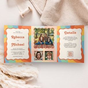 Retro 70's Colorful Groovy Photo QR Code Wedding Tri-Fold Invitation