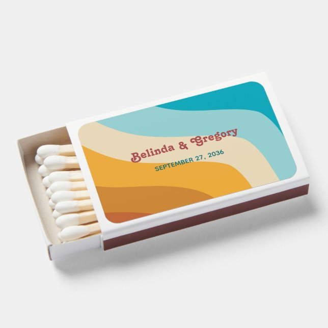 Retro 70's Colorful Rainbow Waves Wedding Favors Matchboxes (Front Open)