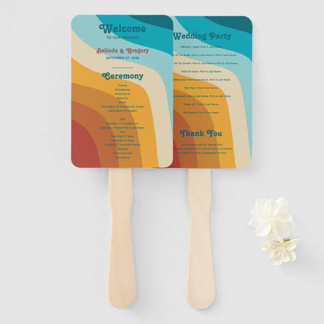 Retro 70's Colorful Rainbow Waves Wedding Program Hand Fan (Front and Back)