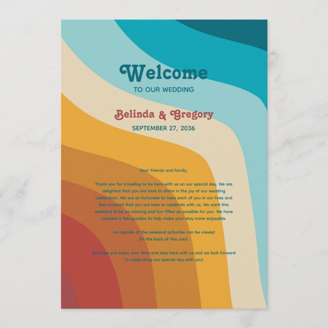 Retro 70's Colorful Rainbow Wedding Itinerary Program (Front)