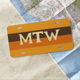 Retro 70s Colors Orange and Brown Stripes Monogram License Plate