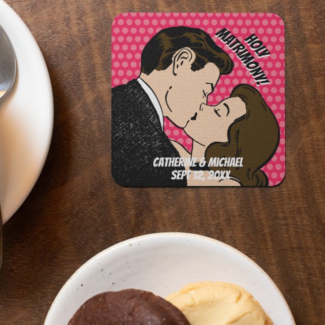 Retro 70's Comic Book Pop Art Romantic Fun Wedding Square Paper Coaster (Creator Uploaded)