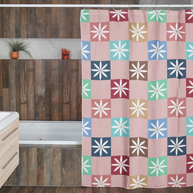 Retro 70s Daisy Checker Board Pattern  Shower Curtain (Creator Uploaded)