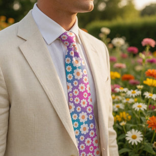 Retro 70s Daisy Dreams Gradient Floral Neck Tie