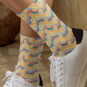Retro 70s Daisy flower Rainbow stripes Socks