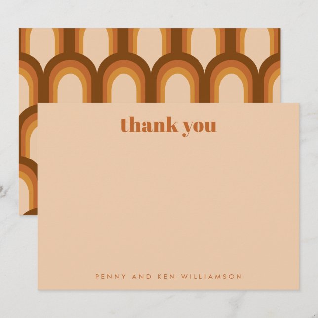Retro 70s Design Brown Personalized Wedding Names Thank You Card (Front/Back)