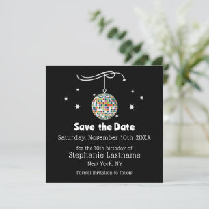 Retro 70s Disco 70th Birthday Party on Black Color Save The Date