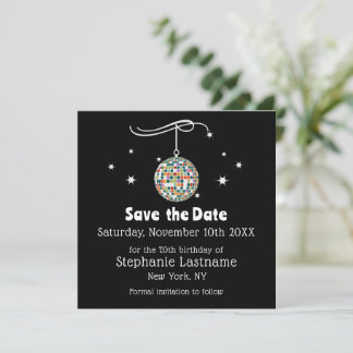 Retro 70s Disco 70th Birthday Party on Black Color Save The Date