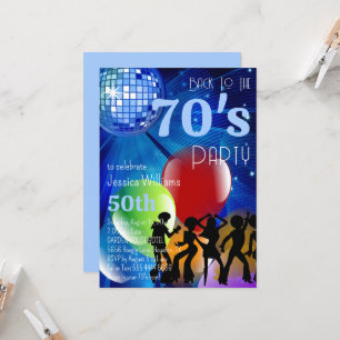 Retro 70's Disco Ball & Balloons Blue Birthday Invitation