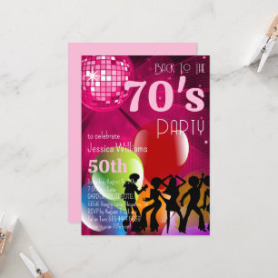 Retro 70's Disco Ball & Balloons Pink Birthday Invitation