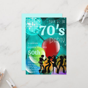 Retro 70's Disco Ball & Balloons Teal Birthday Invitation