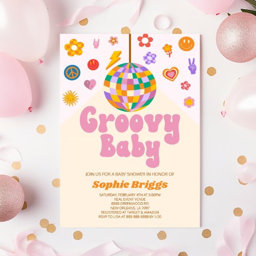 Retro 70s Disco Ball Groovy Baby Baby Shower Invitation