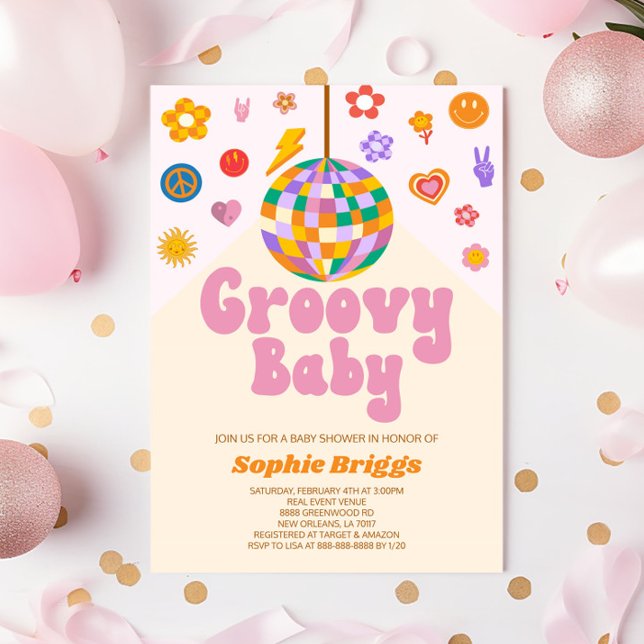 Retro 70's Disco Ball Groovy Baby Baby Shower Invitation (Creator Uploaded)