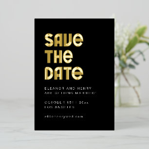Retro 70s Disco Font Unique Wedding Black Gold Foil Invitation