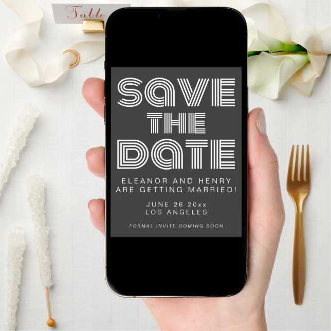 Retro 70s Disco Typography Black and White Wedding Save The Date (Front Digital)